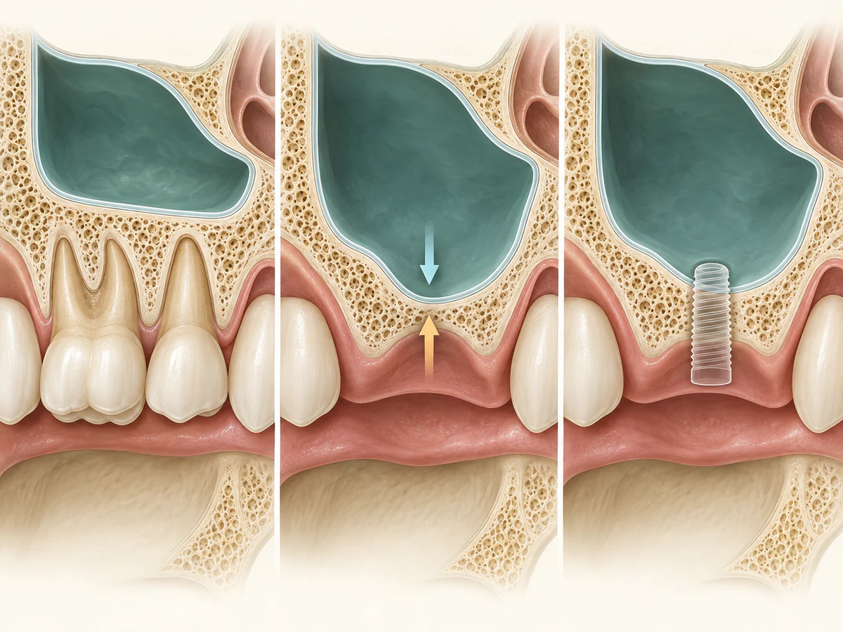 Drei Schnitte des Oberkiefer-Seitenzahnbereichs zeigen Molaren unter dem Sinus, danach den resorbierten Kamm und abgesenkten Sinusboden nach Zahnverlust sowie ein virtuelles Implantat, das höher als der Restknochen ist.