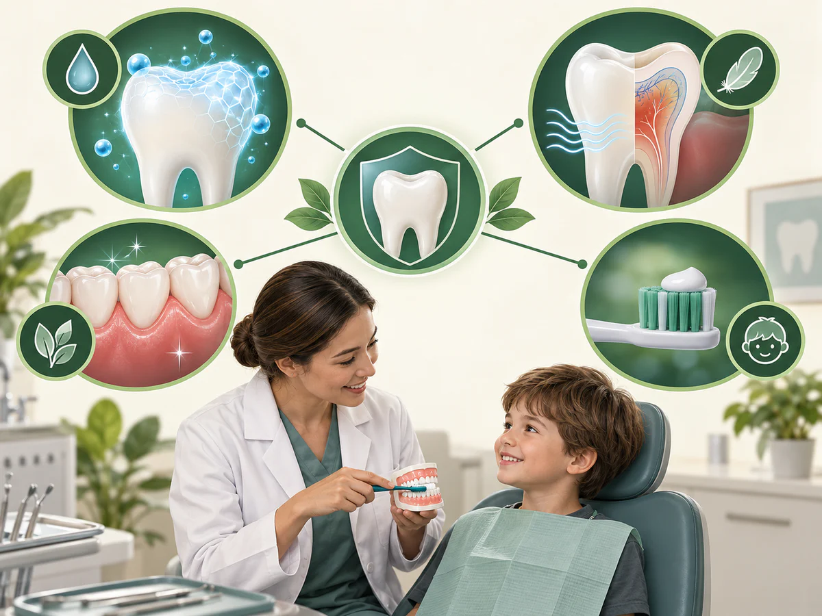 Illustration dentaire pédagogique montrant le choix du dentifrice selon risque carieux, sensibilité, gencives et âge.