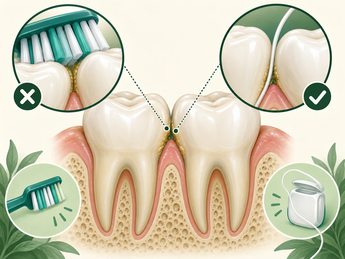 Illustration dentaire pédagogique montrant la plaque cachée sous le point de contact que la brosse atteint mal.