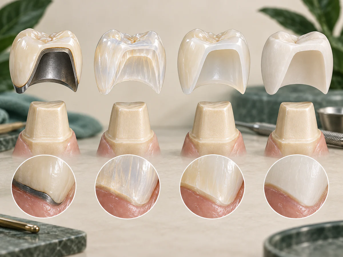 Quatre couronnes à même échelle révèlent leurs structures : armature métallique recouverte, céramique feldspathique très translucide, disilicate de lithium translucide et zircone monolithique plus opaque.