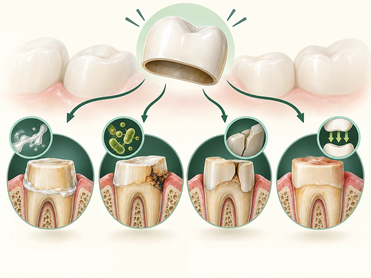 Illustration dentaire pédagogique montrant les causes possibles d’une couronne descellée: ciment, carie sous-jacente, fracture ou ajustement de l’occlusion.