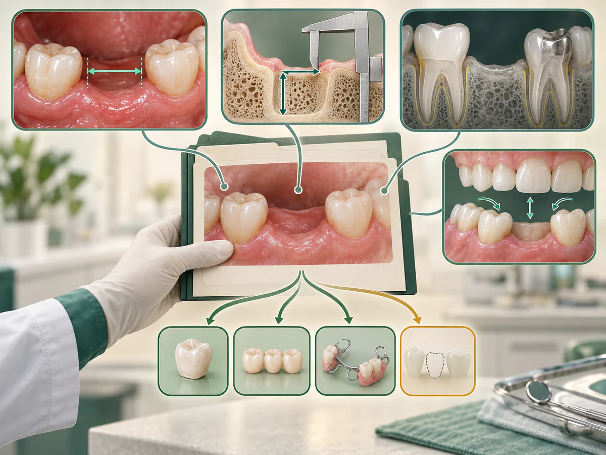 Le bilan d’un ancien espace réunit largeur clinique, hauteur et épaisseur de crête, état des dents voisines avec leurs racines, et place disponible entre les dents antagonistes.