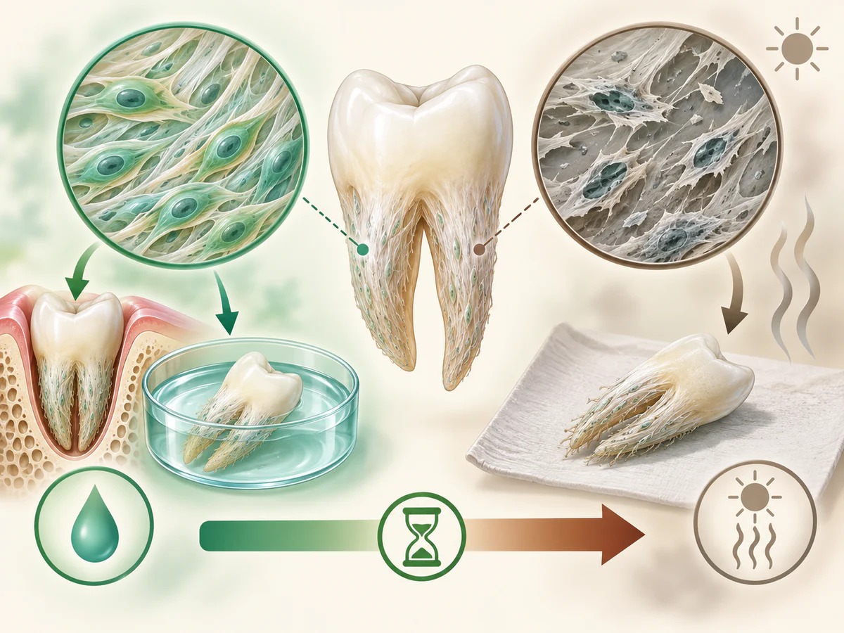 Illustration dentaire pédagogique montrant la fragilité des cellules du ligament autour de la racine et l’importance de limiter le temps à sec.
