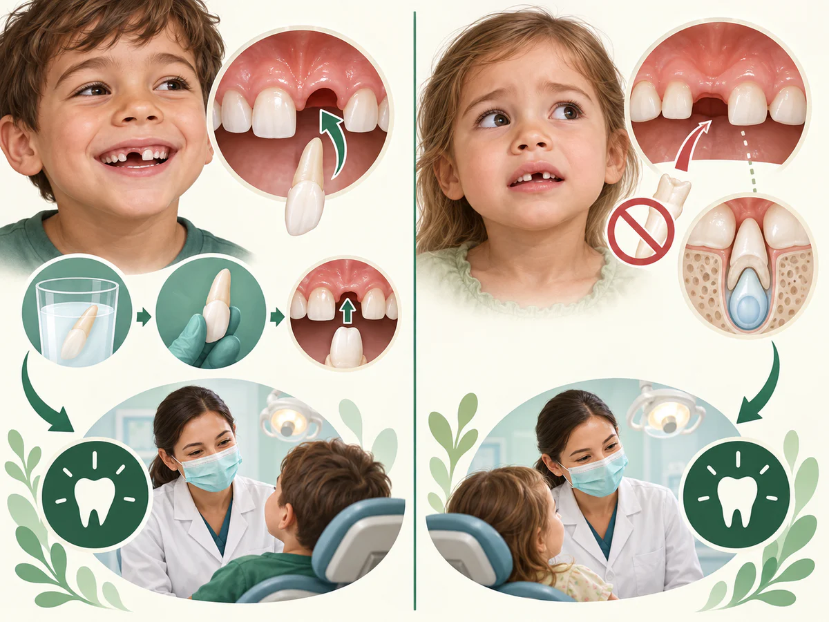 Illustration dentaire pédagogique montrant la différence entre dent définitive à replacer rapidement et dent de lait à ne jamais réimplanter.