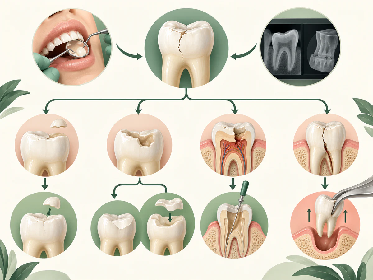 Illustration dentaire pédagogique montrant les réparations possibles selon la fracture: collage, composite, onlay, couronne, traitement pulpaire ou extraction.