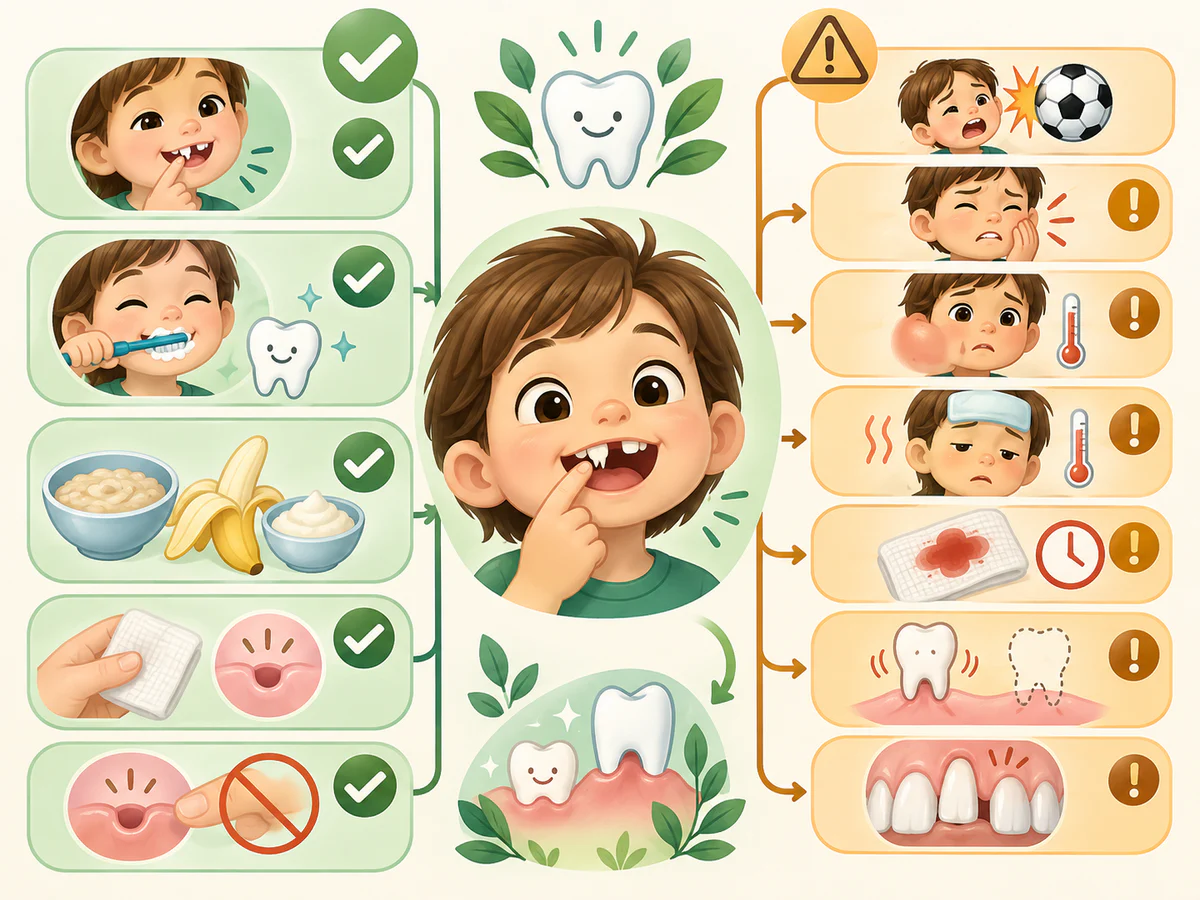 Gestes sûrs pour une dent de lait mobile — bouger doucement, brosser, aliments mous, compresse propre — face aux alertes de traumatisme, douleur, gonflement, fièvre, saignement prolongé ou départ trop précoce.