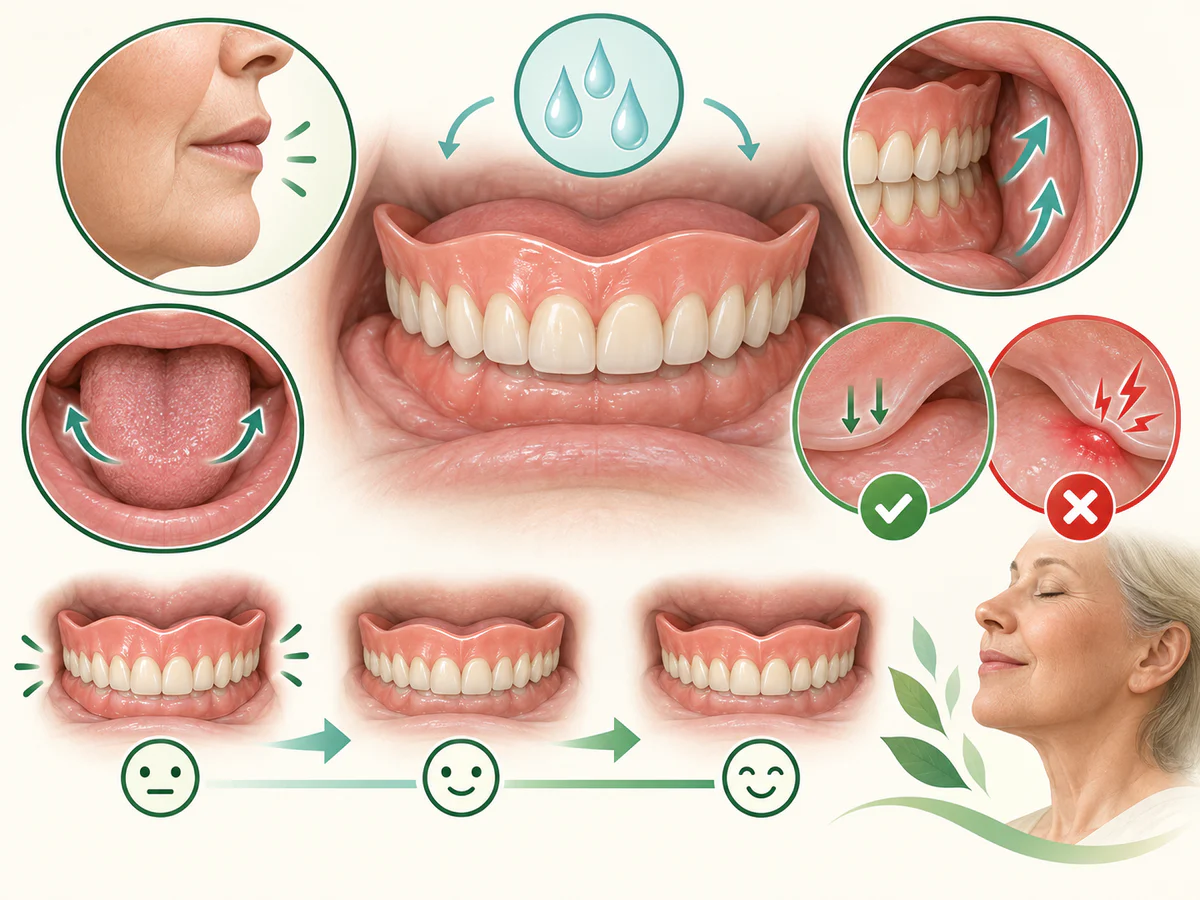 Illustration dentaire pédagogique montrant les sensations temporaires du début avec un dentier et l’adaptation progressive des muscles et de la salive.