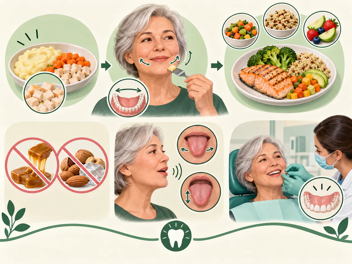 Illustration dentaire pédagogique montrant la reprise progressive de l’alimentation et de la parole avec un dentier neuf.