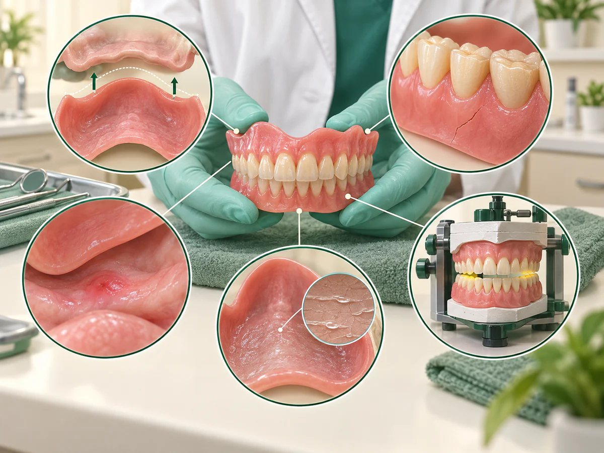 Contrôle d’un dentier avec cinq vues : base face à la crête actuelle, fissure et dents usées, petite blessure gingivale, film salivaire réduit et contacts d’occlusion inégaux sur articulateur.