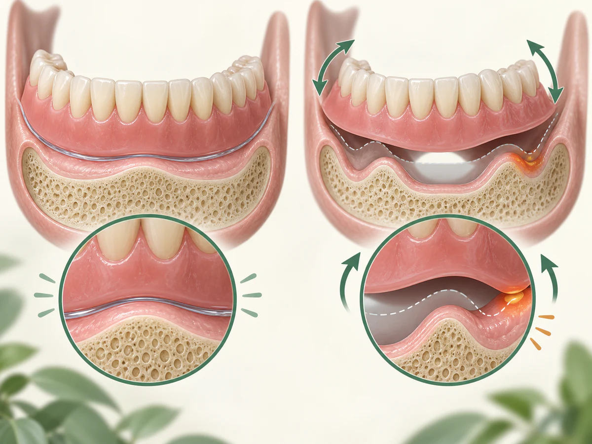 Comparaison d’un dentier inférieur ajusté sur une crête large et du même appareil devenu trop grand après diminution de la crête, avec espace sous la base, bascule et petit point d’irritation.