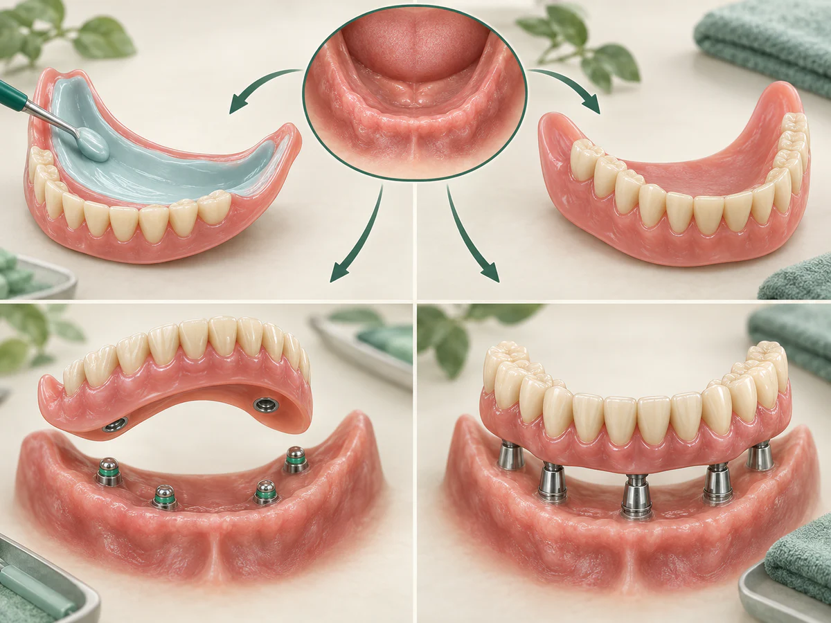 Quatre solutions autour de la même crête édentée : rebasage de la prothèse existante, nouveau dentier conventionnel, appareil amovible clipsé sur implants et bridge complet fixe sur implants.