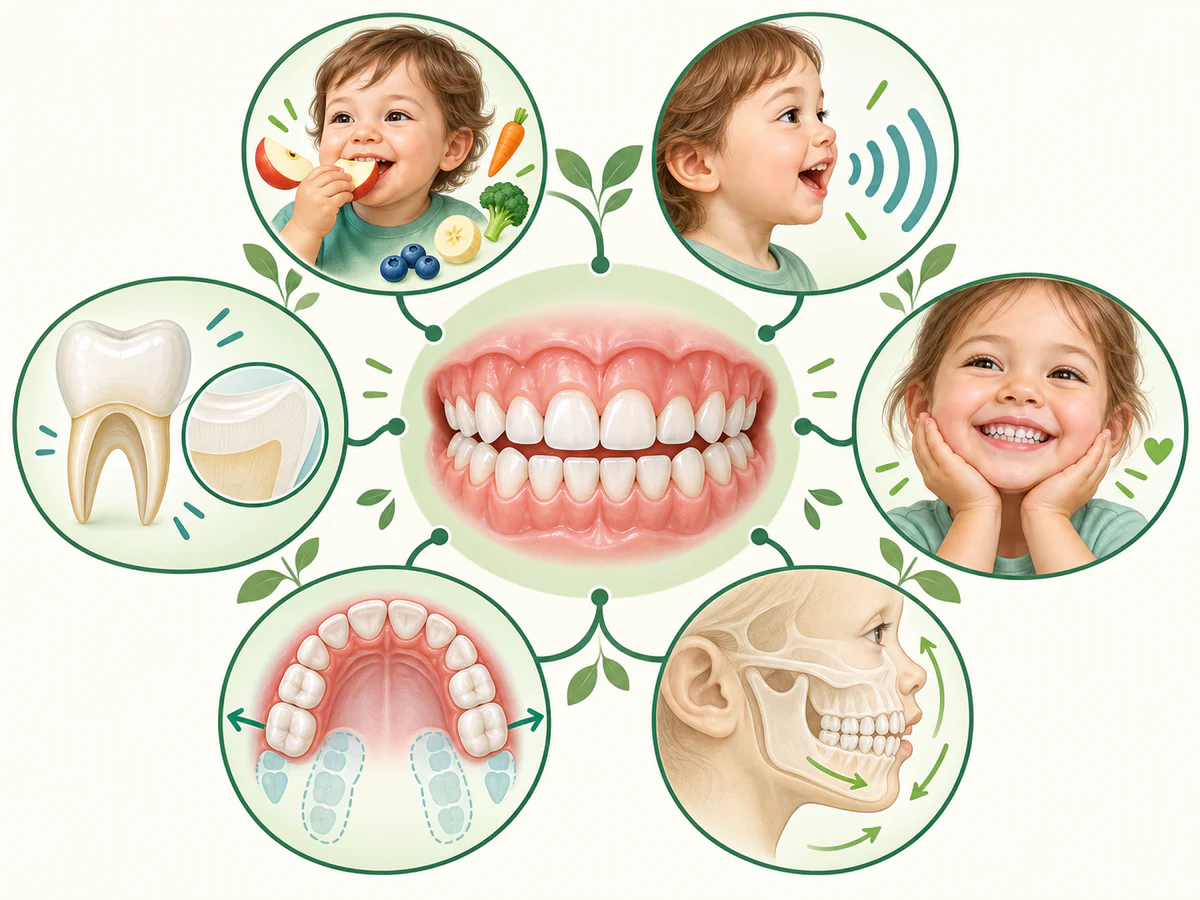 Dentition de lait saine reliée à mastication d’aliments variés, développement de la parole, sourire et confort social, croissance des mâchoires, maintien de l’espace et guidage des dents définitives.