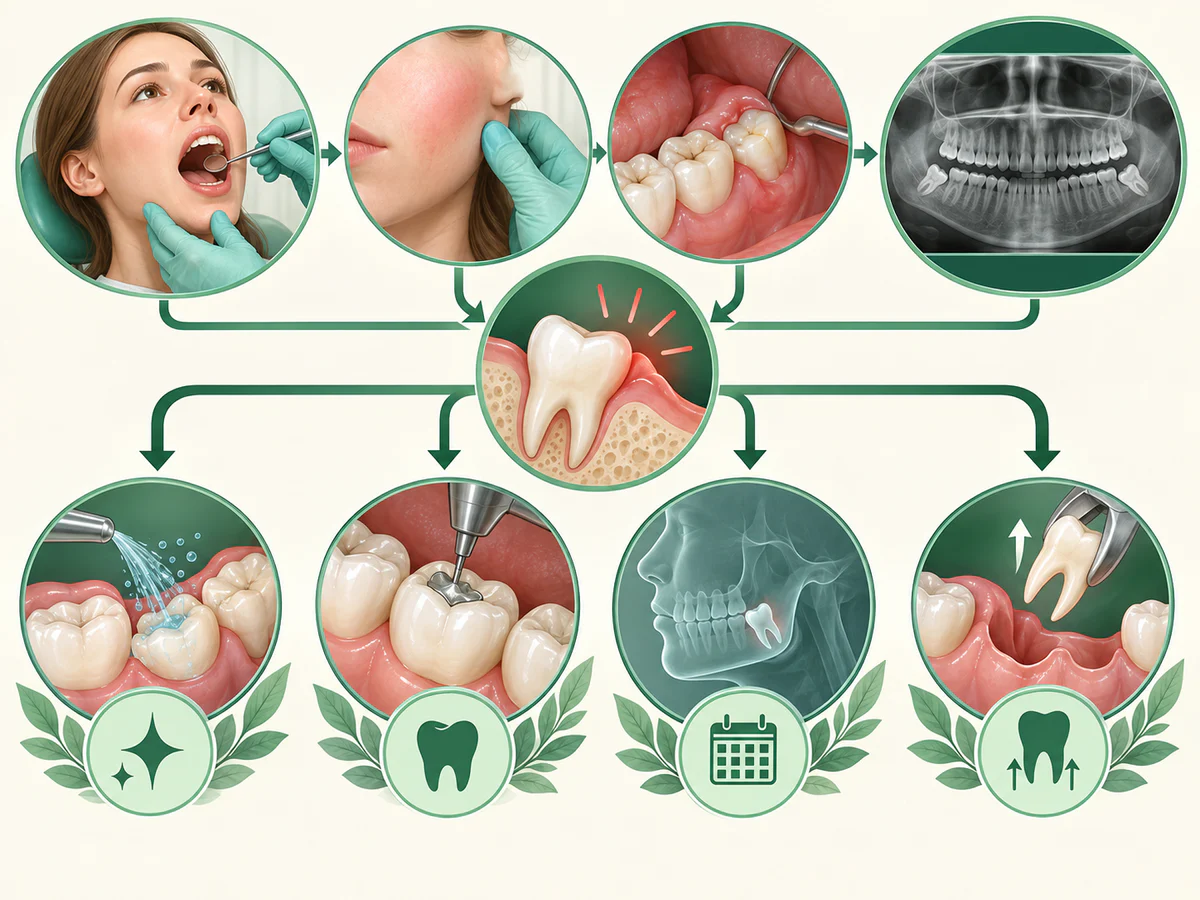 Illustration dentaire pédagogique montrant l’examen et l’imagerie qui distinguent inflammation, carie, abcès et indication éventuelle d’extraction.