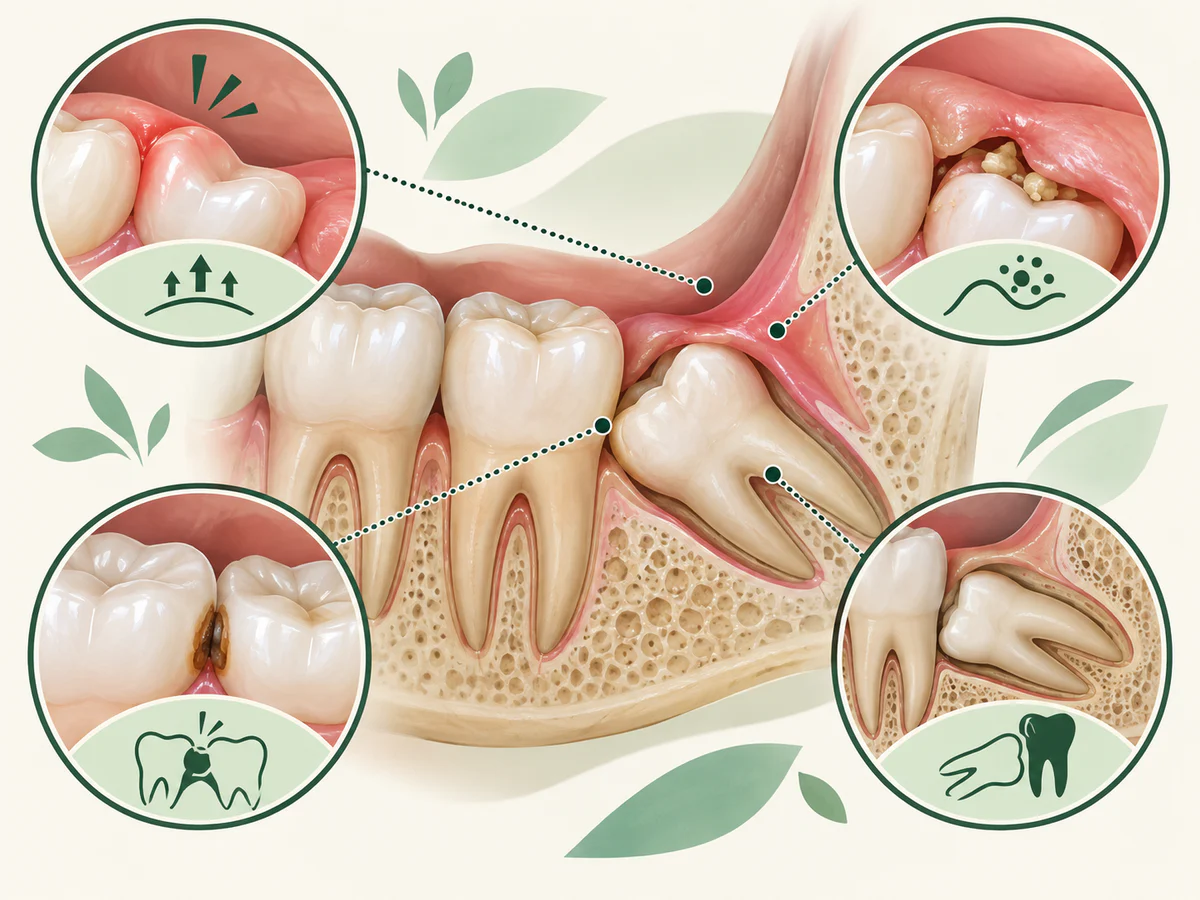 Illustration dentaire pédagogique montrant les causes fréquentes de douleur autour d’une dent de sagesse: poussée, capuchon gingival inflammé, carie ou pression locale.