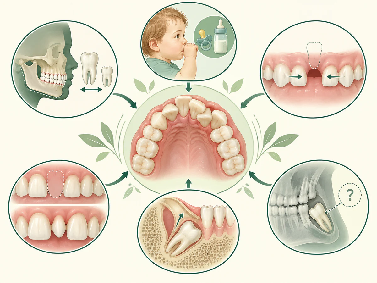 Arcade dentaire encombrée entourée de différence entre taille des dents et mâchoire, succion, perte précoce d’une dent de lait, dent absente ou en trop, éruption anormale et dent de sagesse incertaine.