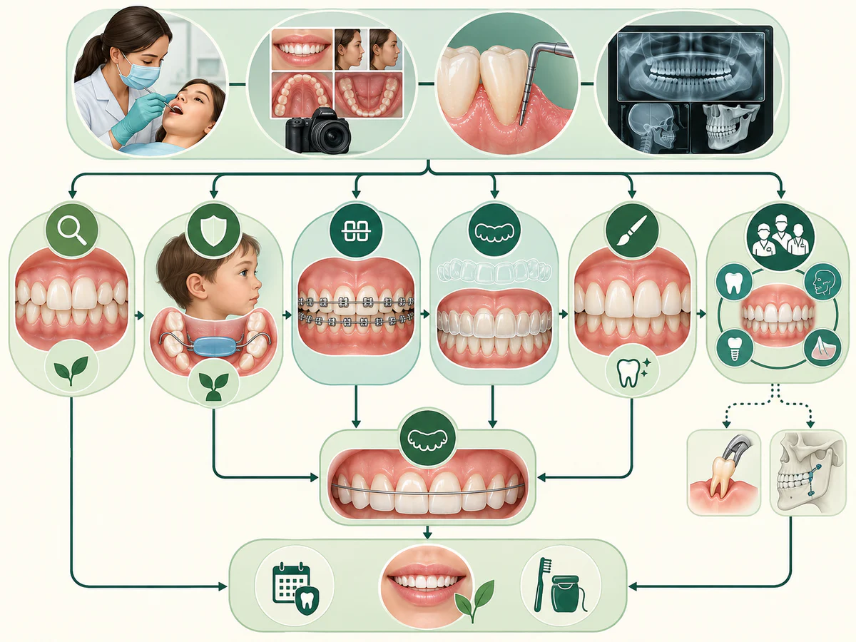 Examen, photos, sondage gingival et imagerie mènent vers surveillance, gestion d’espace chez l’enfant, bagues, aligneurs, camouflage restaurateur ou soins pluridisciplinaires, puis contention.