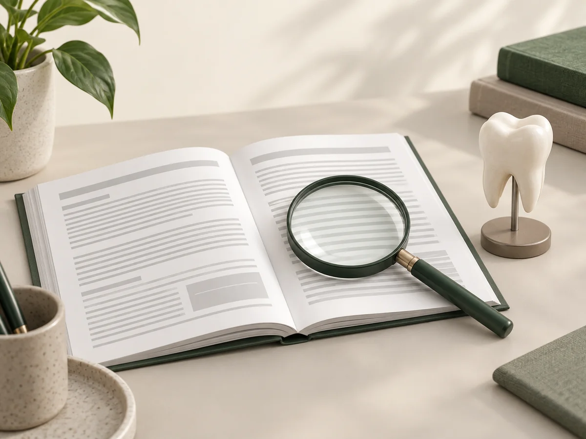 Livre ouvert, loupe et modèle de dent illustrant la lecture critique des sources.