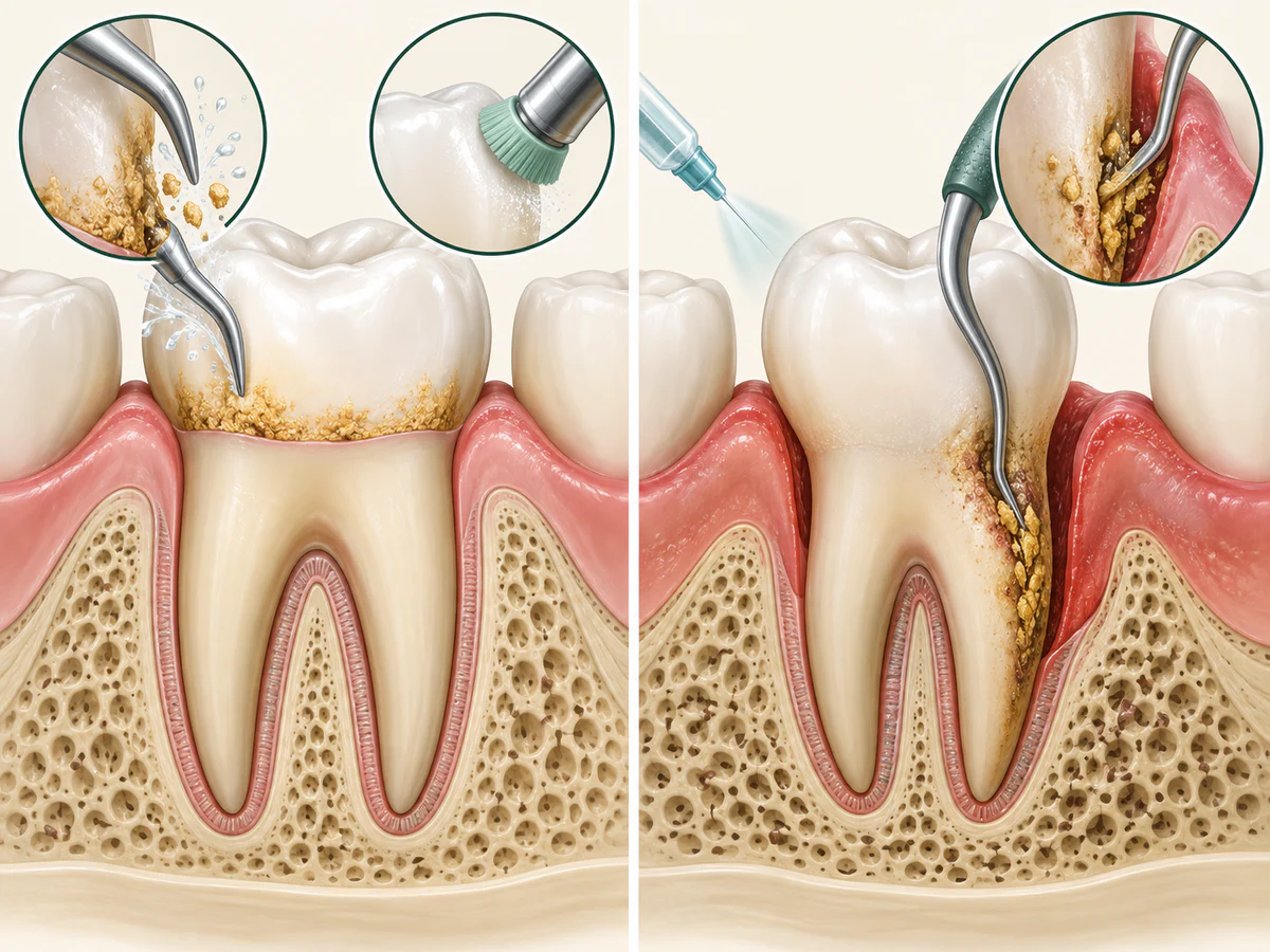 Deux coupes comparent un détartrage au-dessus de la gencive sur os intact et une instrumentation sous-gingivale qui atteint tartre et biofilm sur la racine dans une poche parodontale.