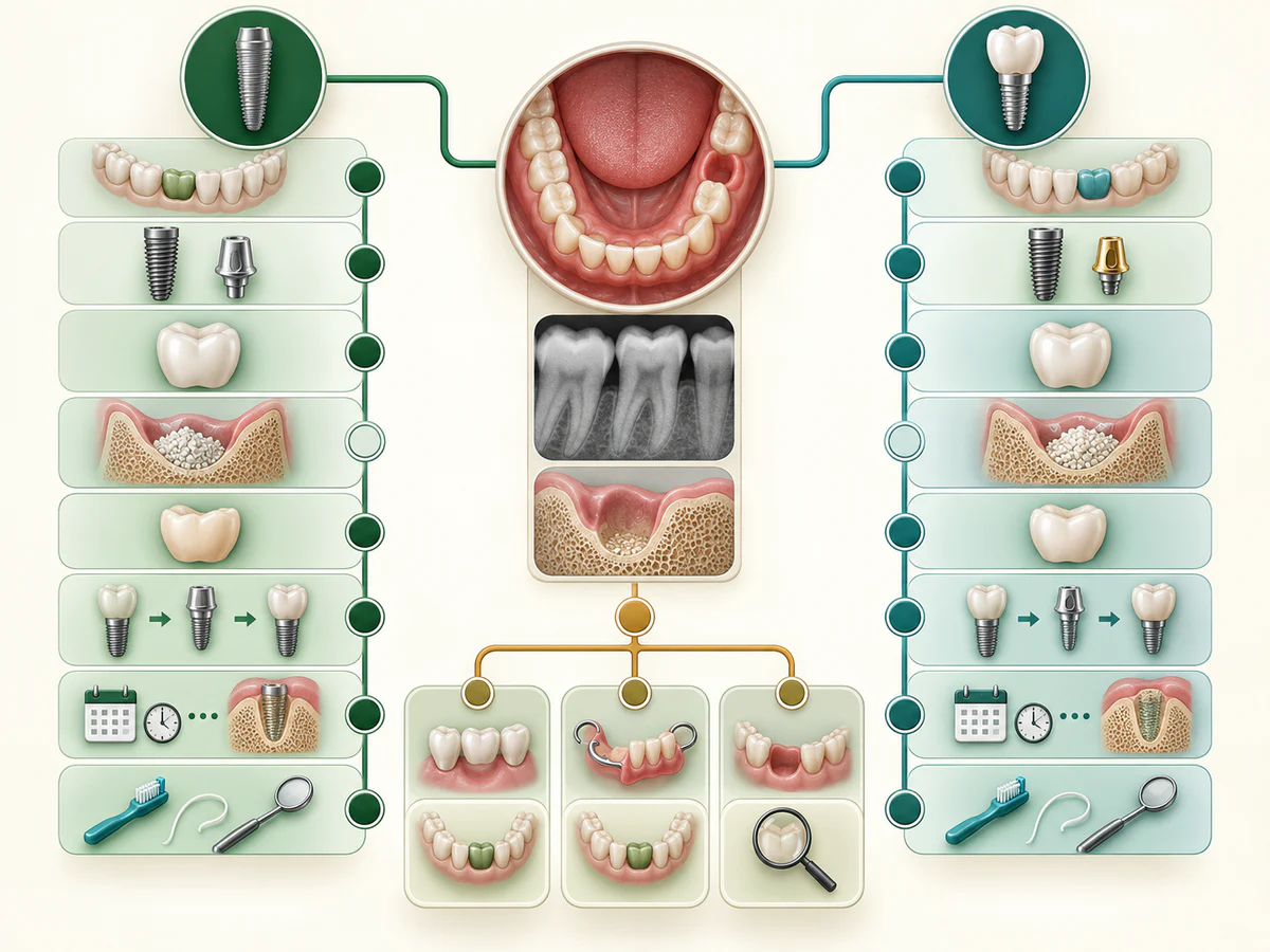 Une bouche et sa radiographie alimentent deux grilles parallèles qui alignent les dents concernées, pièces implantaires, prothèse, greffe éventuelle, provisoire, étapes, délais et entretien.