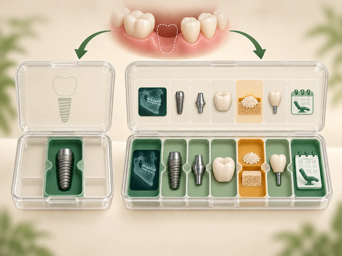 Deux boîtes partent du même espace dentaire : l’une ne contient que l’implant, l’autre sépare imagerie, implant, pilier, couronne, éventuelle greffe, provisoire et suivi.