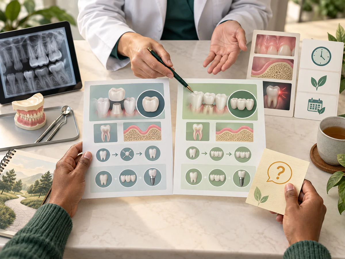 Au bureau, une patiente conserve deux dossiers tandis que la dentiste les rapproche de l’examen, de la radiographie, de l’état gingival et osseux, des symptômes, du calendrier et des alternatives.