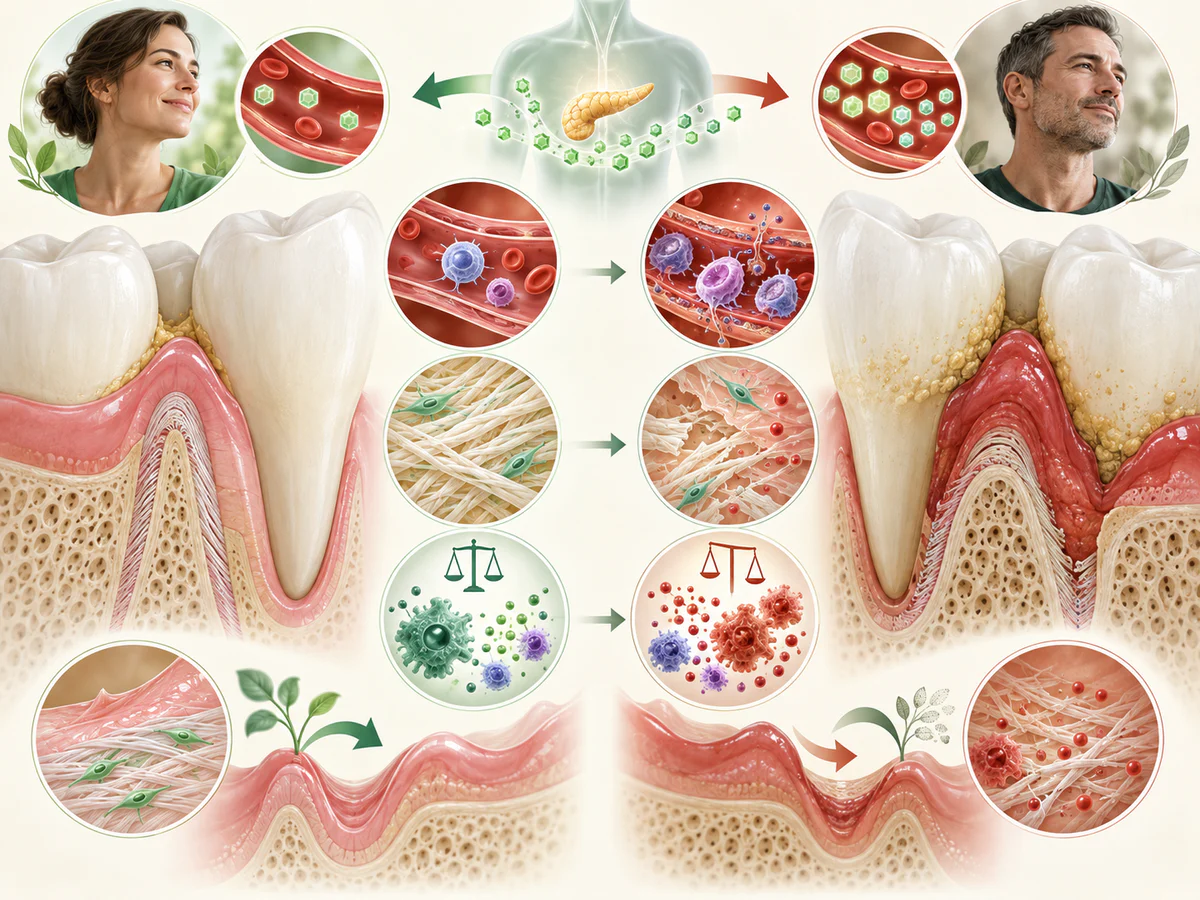 Comparaison de gencives sous diabète mieux ou moins bien équilibré, montrant microvaisseaux, réponse immunitaire, collagène et inflammation autour d’un biofilm identique.