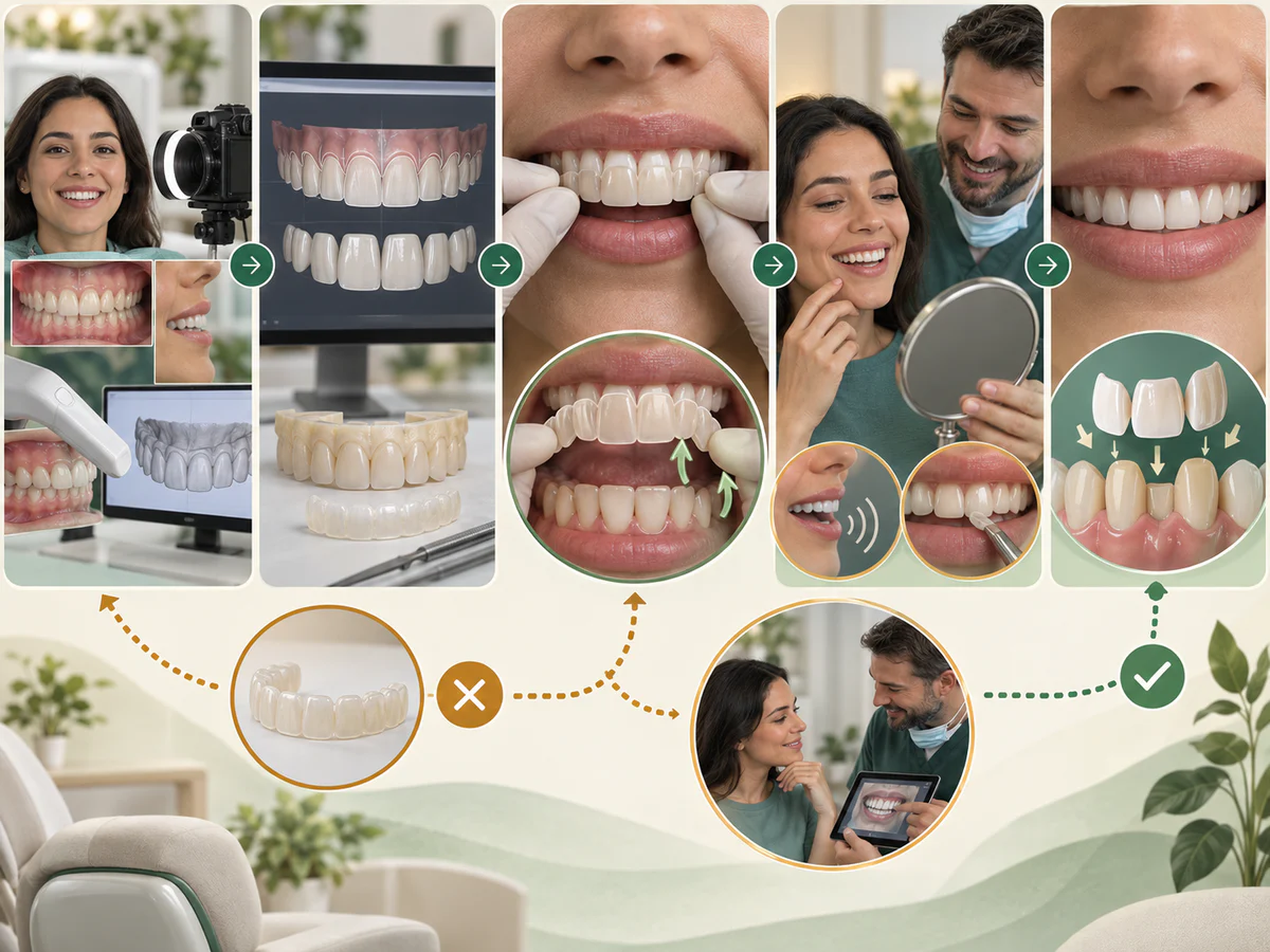 Le parcours relie photos et scan au projet numérique, puis à une maquette amovible posée sur les dents intactes ; la patiente parle, sourit et ajuste avec le praticien avant toute restauration définitive.