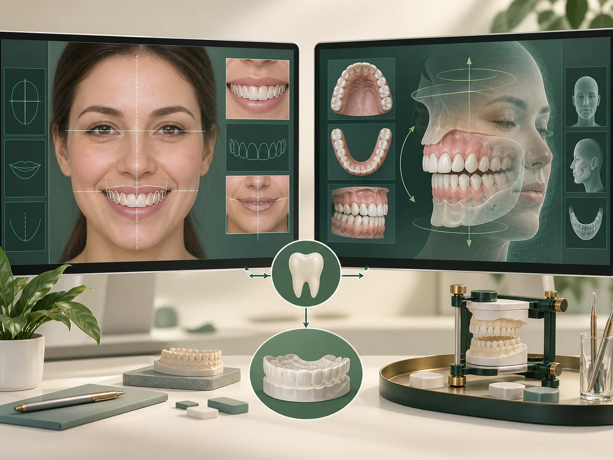 Deux écrans comparent un projet 2D tracé sur une photo frontale du visage et un projet 3D qui réunit scans du visage, des arcades et de l’occlusion dans un volume rotatif.