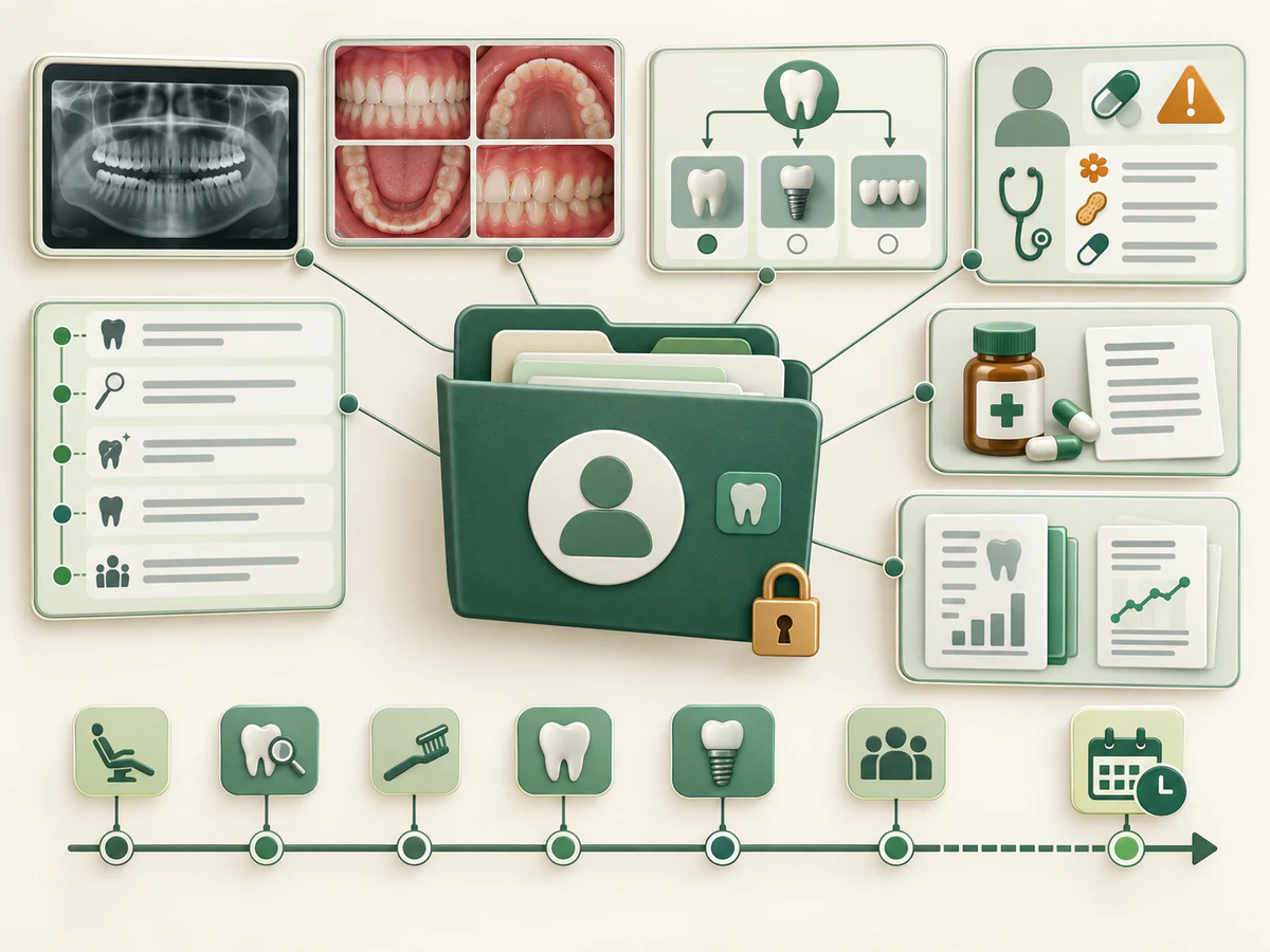 Un dossier numérique sécurisé relie la même identité patient aux radiographies, photos buccales, options de traitement, historique des soins, antécédents et allergies, ordonnances, comptes rendus et rendez-vous.