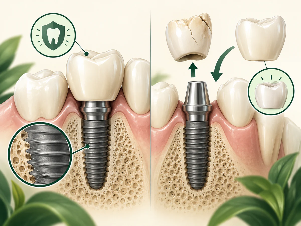 Illustration dentaire pédagogique montrant la différence entre l’implant dans l’os et la couronne prothétique qui peuvent vieillir séparément.