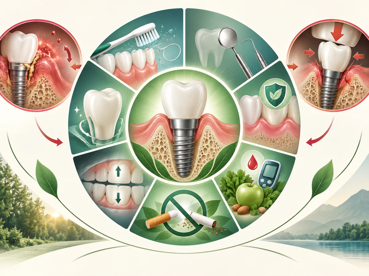 Illustration dentaire pédagogique montrant les facteurs contrôlables de longévité: hygiène, maintenance, tabac, diabète, occlusion et conception.