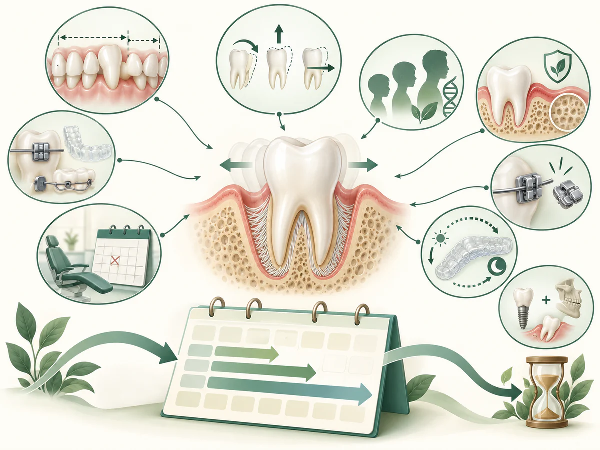 Dent en mouvement au centre de facteurs de durée : distance et complexité, type de mouvement, âge et biologie, santé osseuse et gingivale, appareil, rendez-vous, casse, port des aligneurs et soins associés.