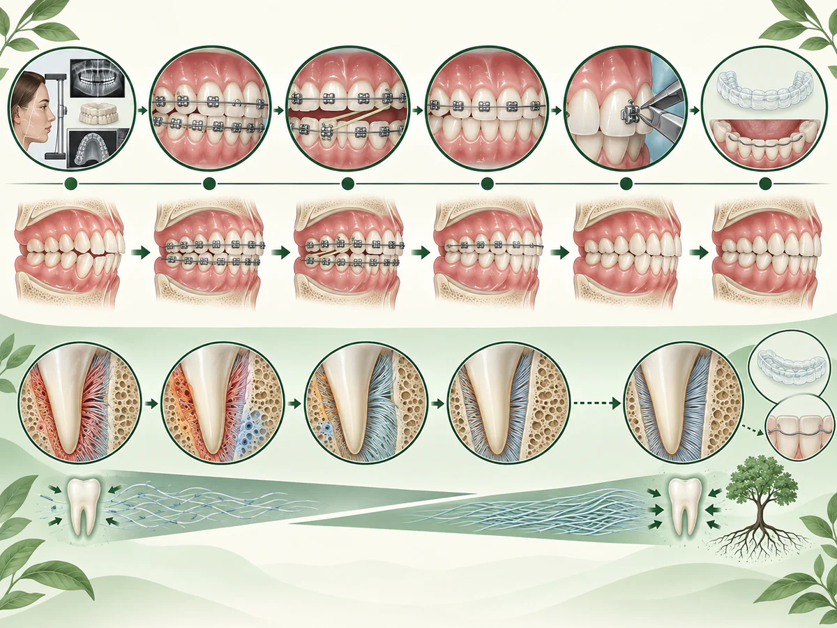 Chronologie du bilan à l’alignement, correction de l’occlusion, fermeture des espaces, finitions, retrait de l’appareil puis contention, avec fibres et os se réorganisant autour des racines.