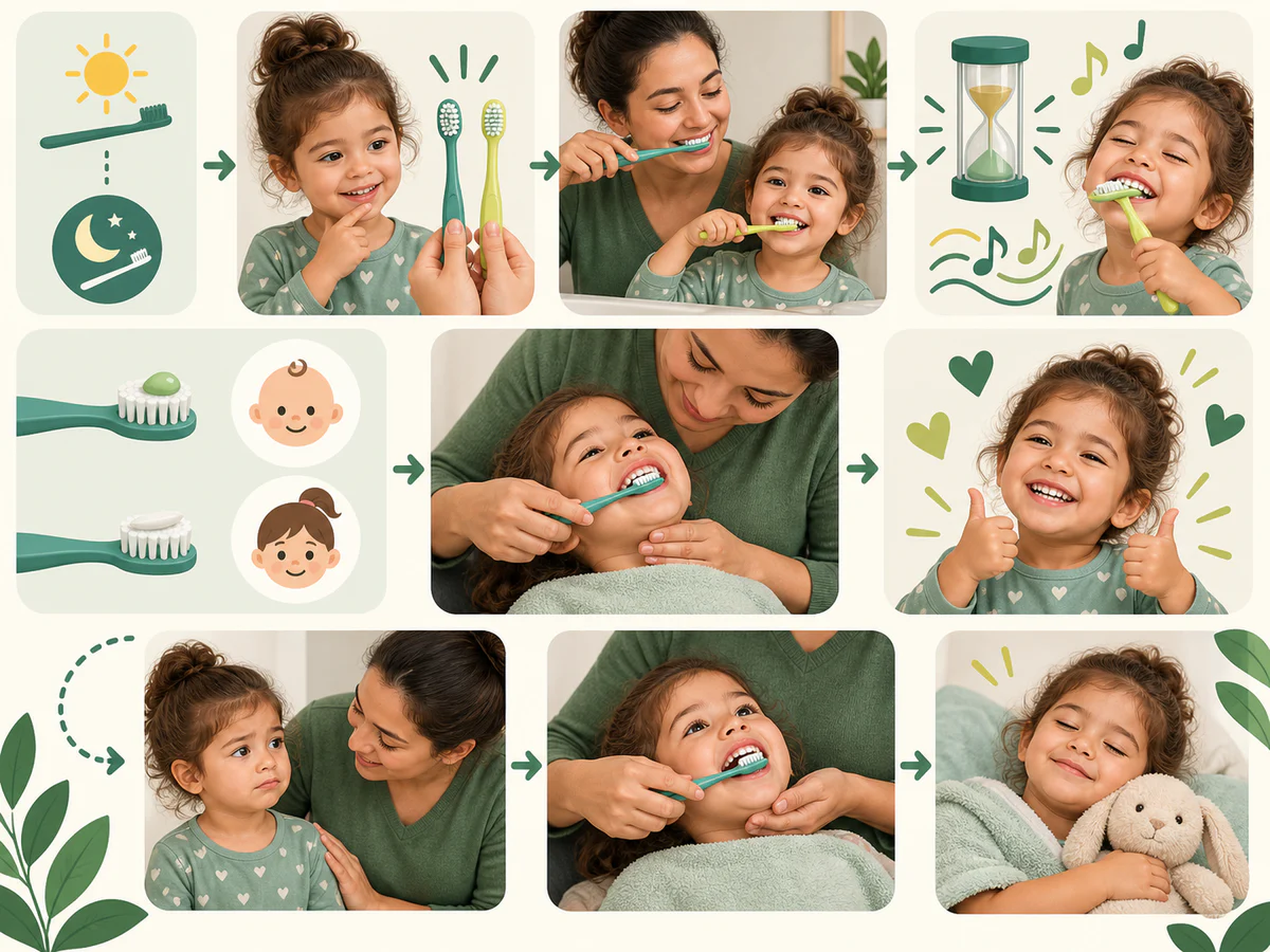 Routine illustrant choix entre deux brosses, imitation parent-enfant, chanson et sablier, position avec tête soutenue, petite quantité de dentifrice, encouragement et nouvelle tentative calme.