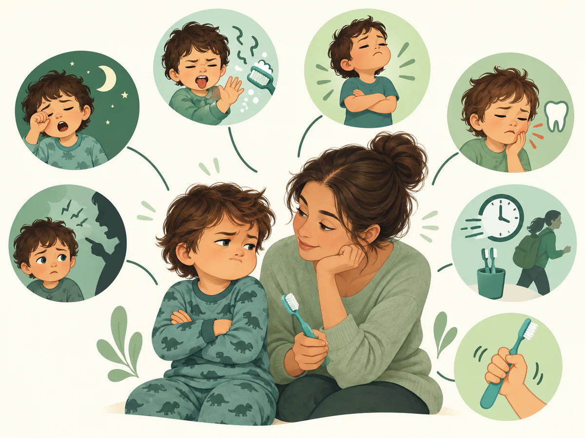 Enfant et mère entourés de fatigue, goût ou mousse désagréable, besoin d’autonomie, dent qui pousse, routine pressée, conflit antérieur et dextérité encore limitée.