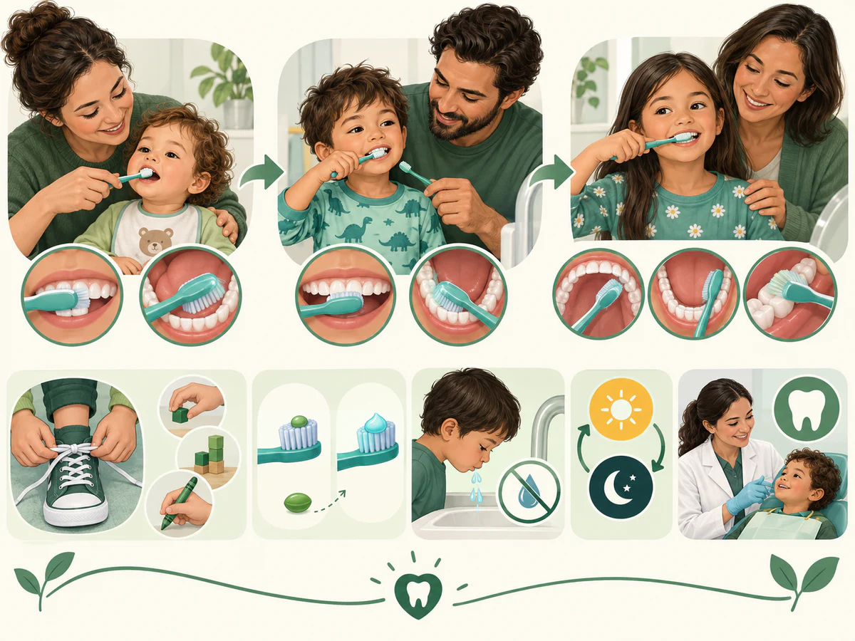 Progression du parent qui brosse le petit enfant à l’enfant qui s’exerce puis à l’aîné vérifié, avec surfaces couvertes, dextérité des lacets, dentifrice fluoré, crachat sans rinçage et contrôle dentaire.