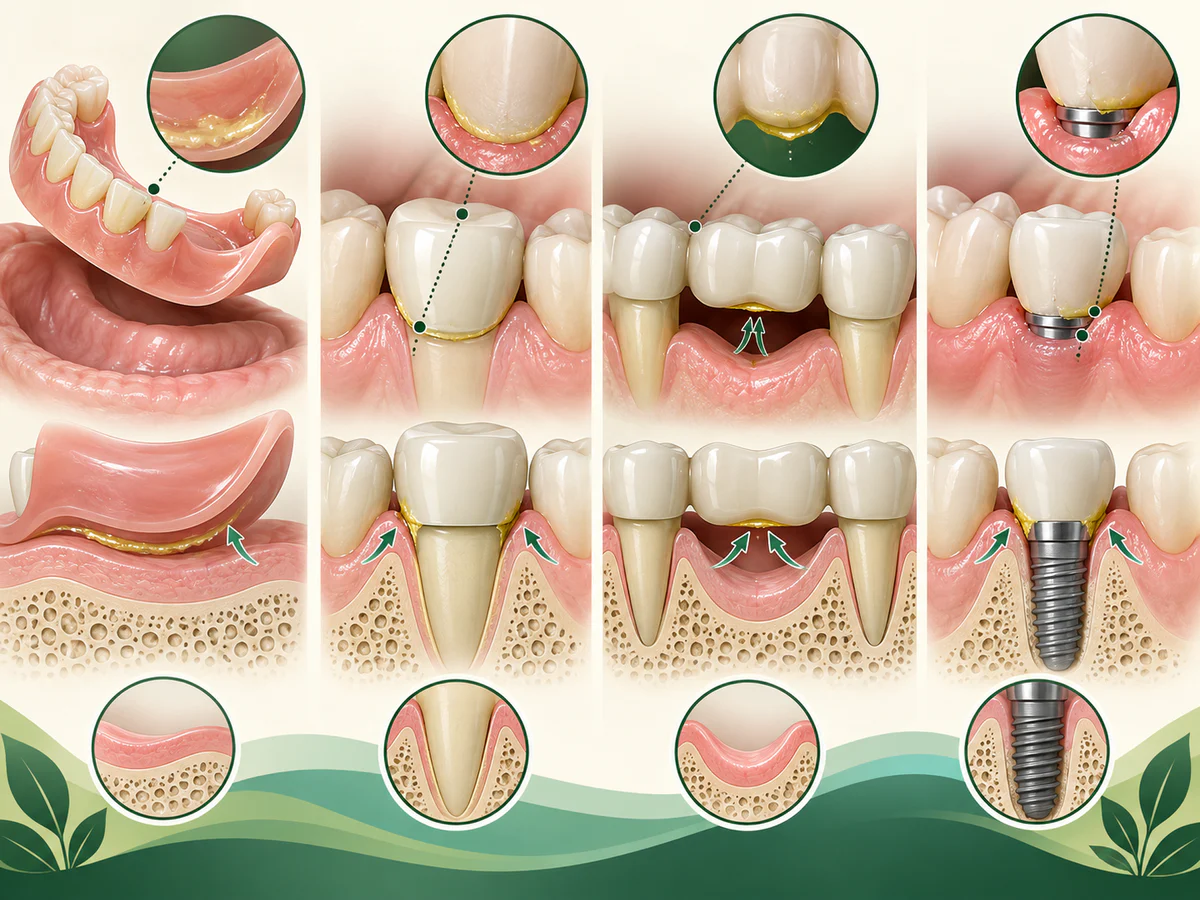 Illustration dentaire pédagogique montrant les zones où la plaque s’accumule sur dentier, couronne, bridge et implant.