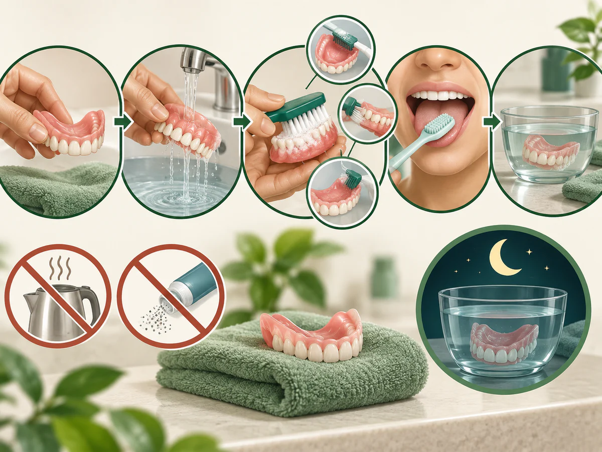 Illustration dentaire pédagogique montrant le nettoyage quotidien d’un dentier retiré, brossé doucement, rincé et gardé humide la nuit.