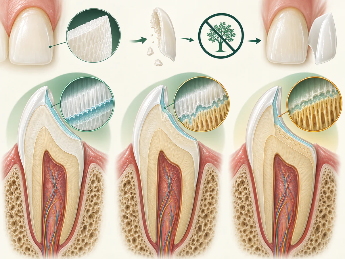 Three incisor cross-sections show preparation confined to enamel, a small dentine exposure, then extensive dentine exposure with less enamel available for bonding.