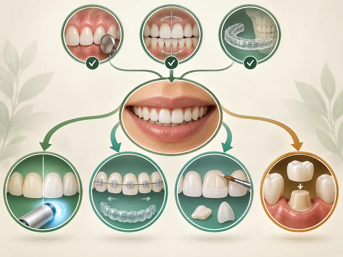 An examined smile leads to four balanced options: whitening for colour, orthodontics for position, composite addition or veneer for shape, and a crown for a severely weakened tooth.