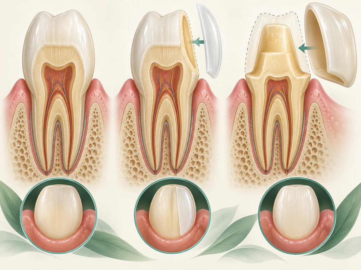 Three cutaway incisors compare an intact tooth, a thin veneer bonded only to the visible surface, and a crown surrounding a much more extensively prepared tooth.