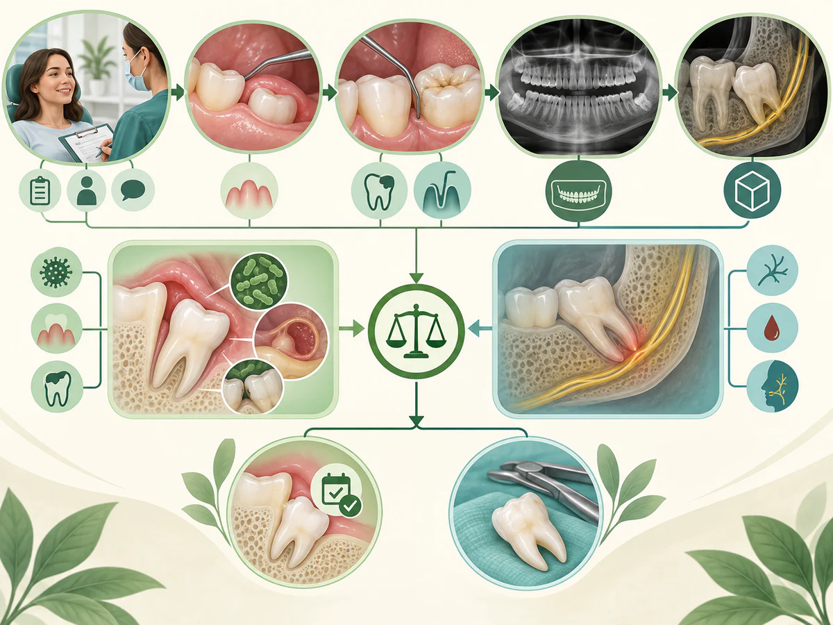 Illustration dentaire pédagogique montrant la décision fondée sur symptômes, examen, imagerie, atteinte de la dent voisine et risques chirurgicaux.