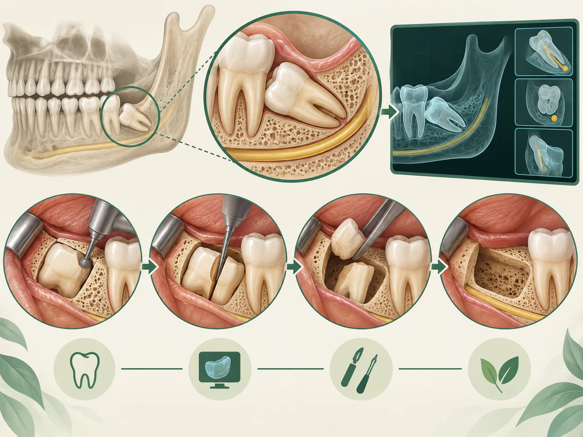 Illustration dentaire pédagogique montrant la relation de la dent de sagesse inférieure avec l’os, la deuxième molaire et le canal nerveux avant extraction.