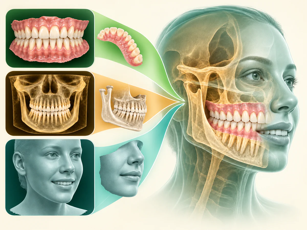 Le scan intra-oral des dents et gencives, le volume Cone Beam des os et racines, et le scan de surface du visage fusionnent en un modèle transparent tête-mâchoires.