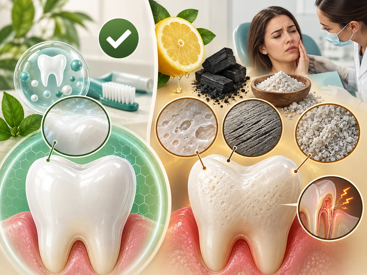 Émail préservé par des soins fluorés comparé à une surface érodée ou abrasée par citron, charbon et poudre grossière, avec sensibilité nécessitant un contrôle.