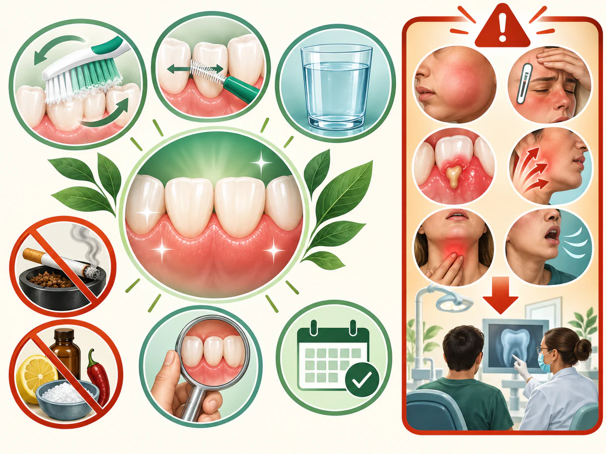 Brossage doux, nettoyage interdentaire et eau face aux alertes de joue gonflée, fièvre, pus, douleur qui s’étend et difficulté à avaler ou respirer.
