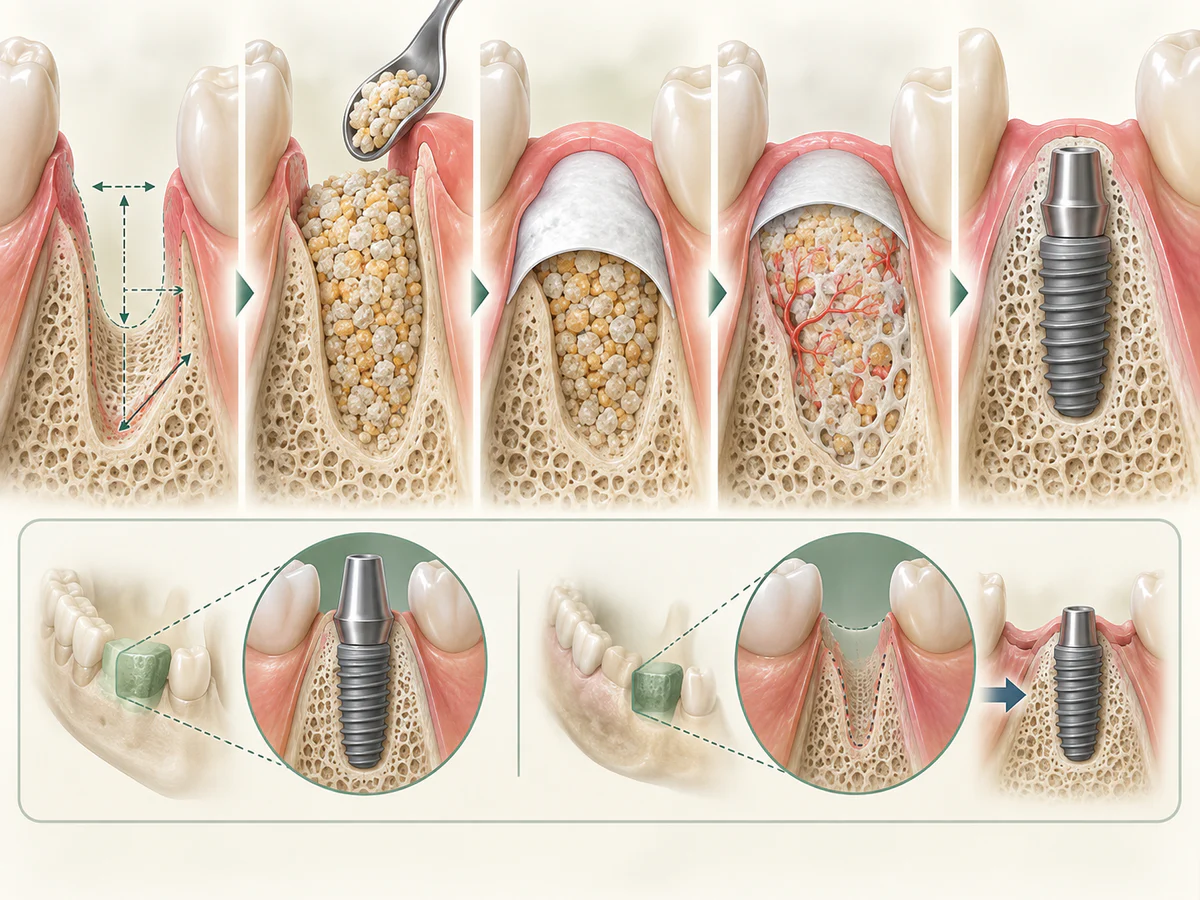 Une crête étroite reçoit des particules de greffe protégées par une membrane ; des vaisseaux et l’os du patient colonisent progressivement la trame avant la pose d’un implant entouré d’os.