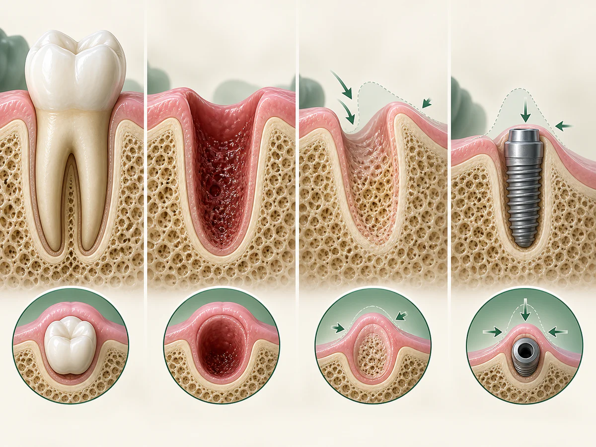 Quatre coupes suivent une dent, son alvéole juste après extraction, le remodelage de la paroi externe puis une crête guérie plus étroite qui entoure moins bien un implant planifié.