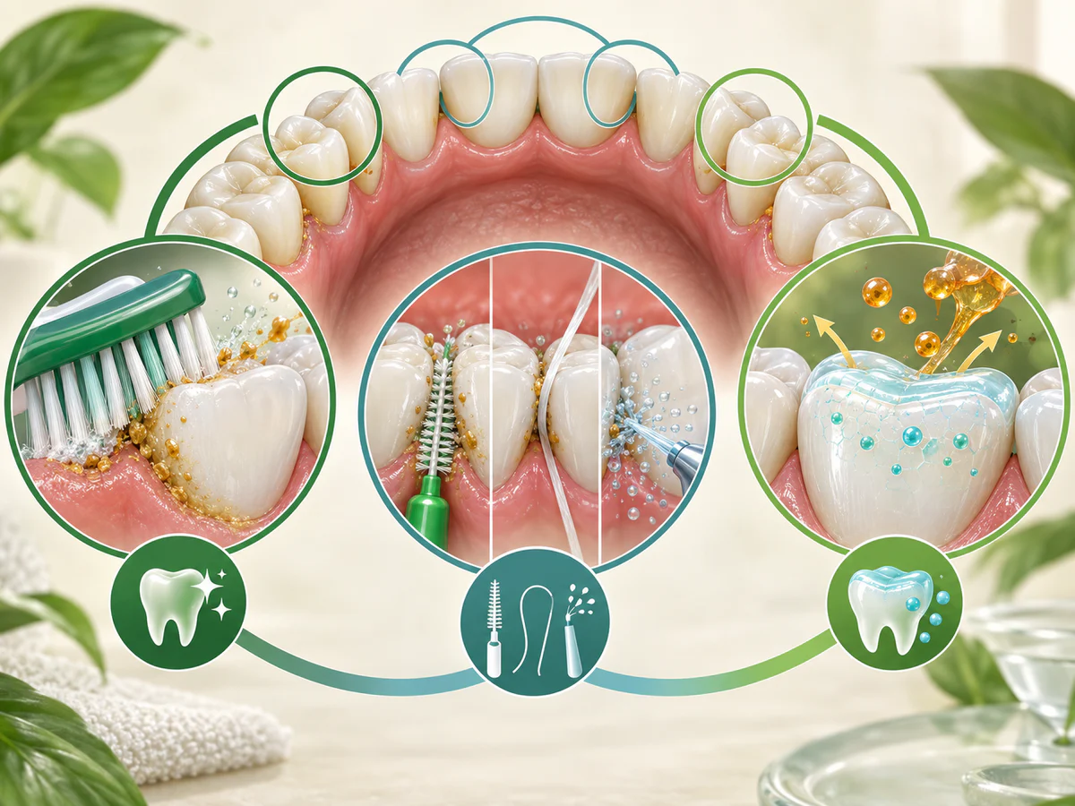 A dental arch links three complementary actions: brushing surfaces and gumline, interdental brush or floss according to space, and a thin fluoride layer remaining on enamel after spitting.