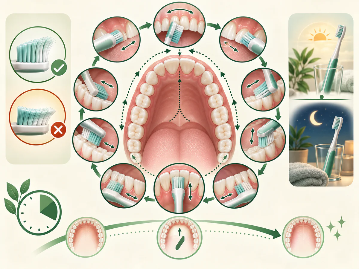 Around an arch, a small soft brush follows gumlines, outer, inner and chewing surfaces; an inset contrasts gently flexed bristles with bristles flattened by excess pressure.